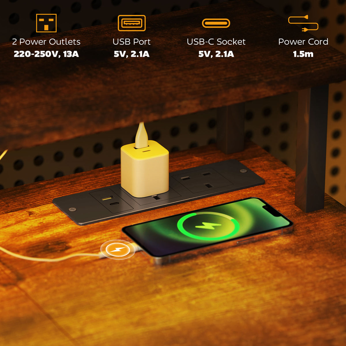 Desk power panel with two outlets, USB ports, and wireless charging pad