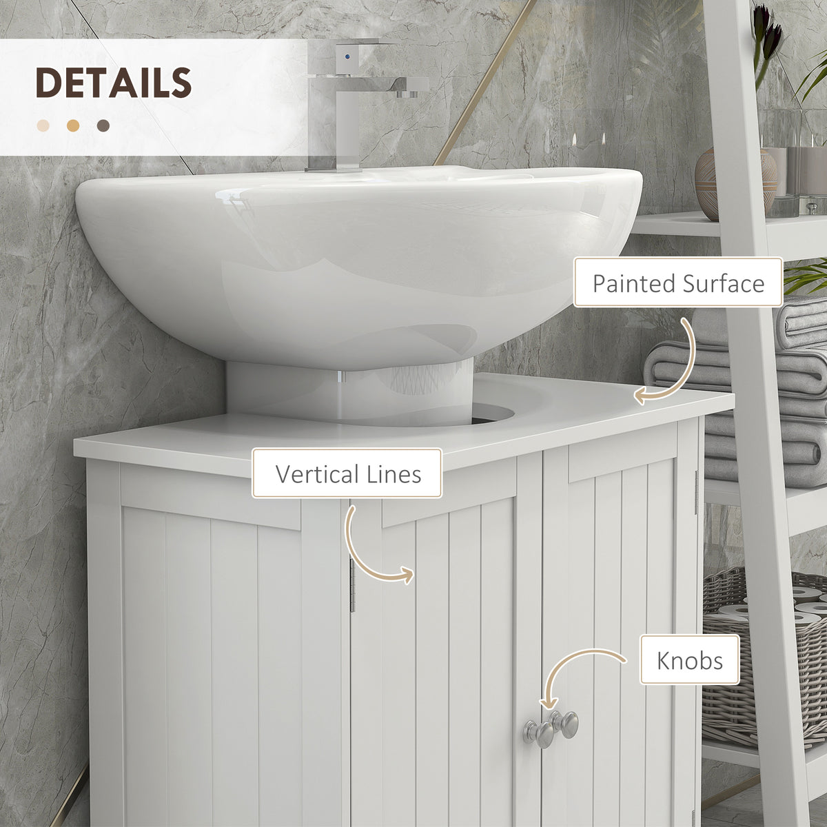 White vanity cabinet with vertical door grooves, silver knobs, and painted surface