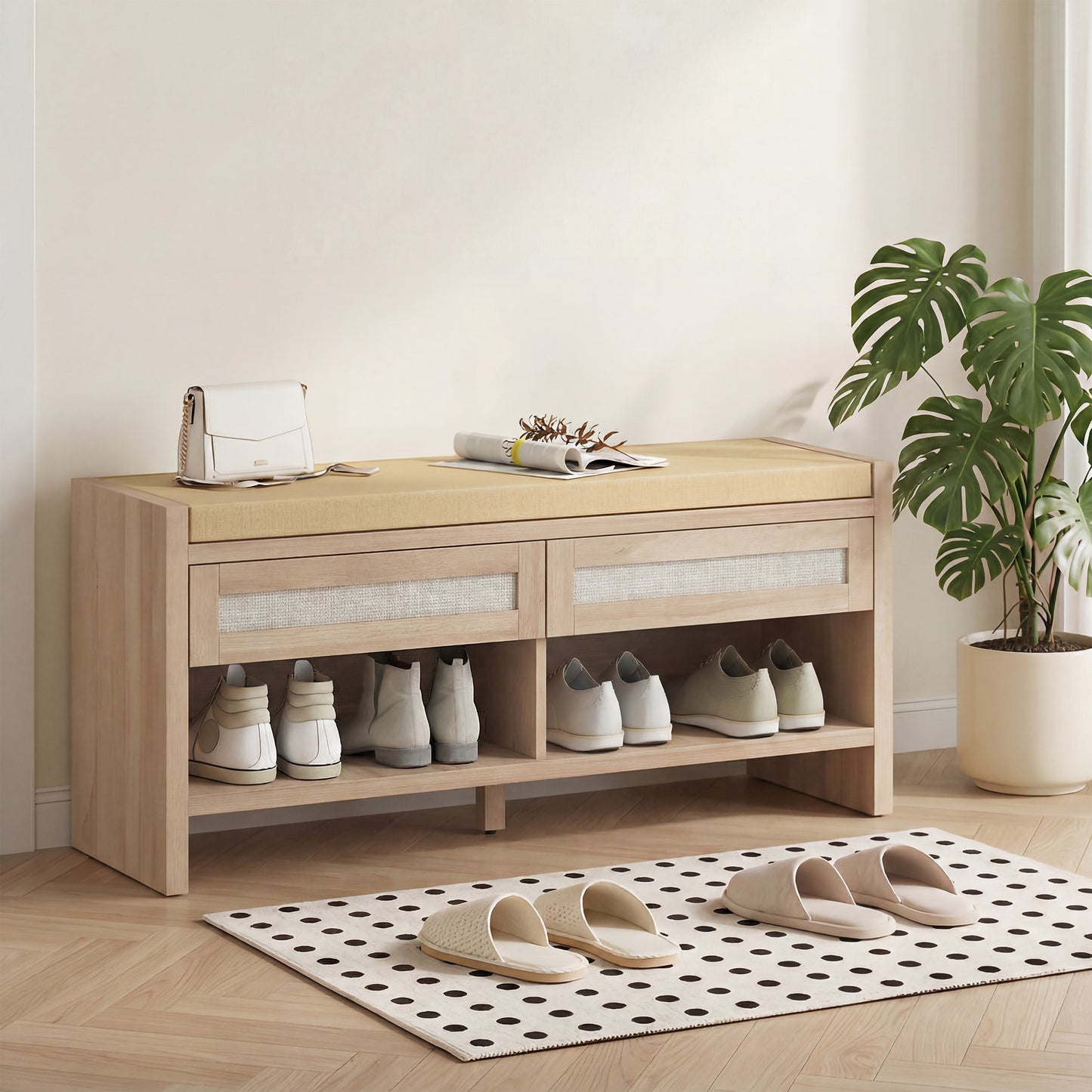 HOMCOM Boho Shoe Bench with 2 Rattan Drawers, Shoe Storage Bench with Cushioned Seat and Open Shelf Oak Wood Effect