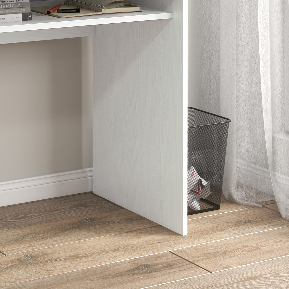 HOMCOM desk close-up showing a side panel and the open space beneath the shelf