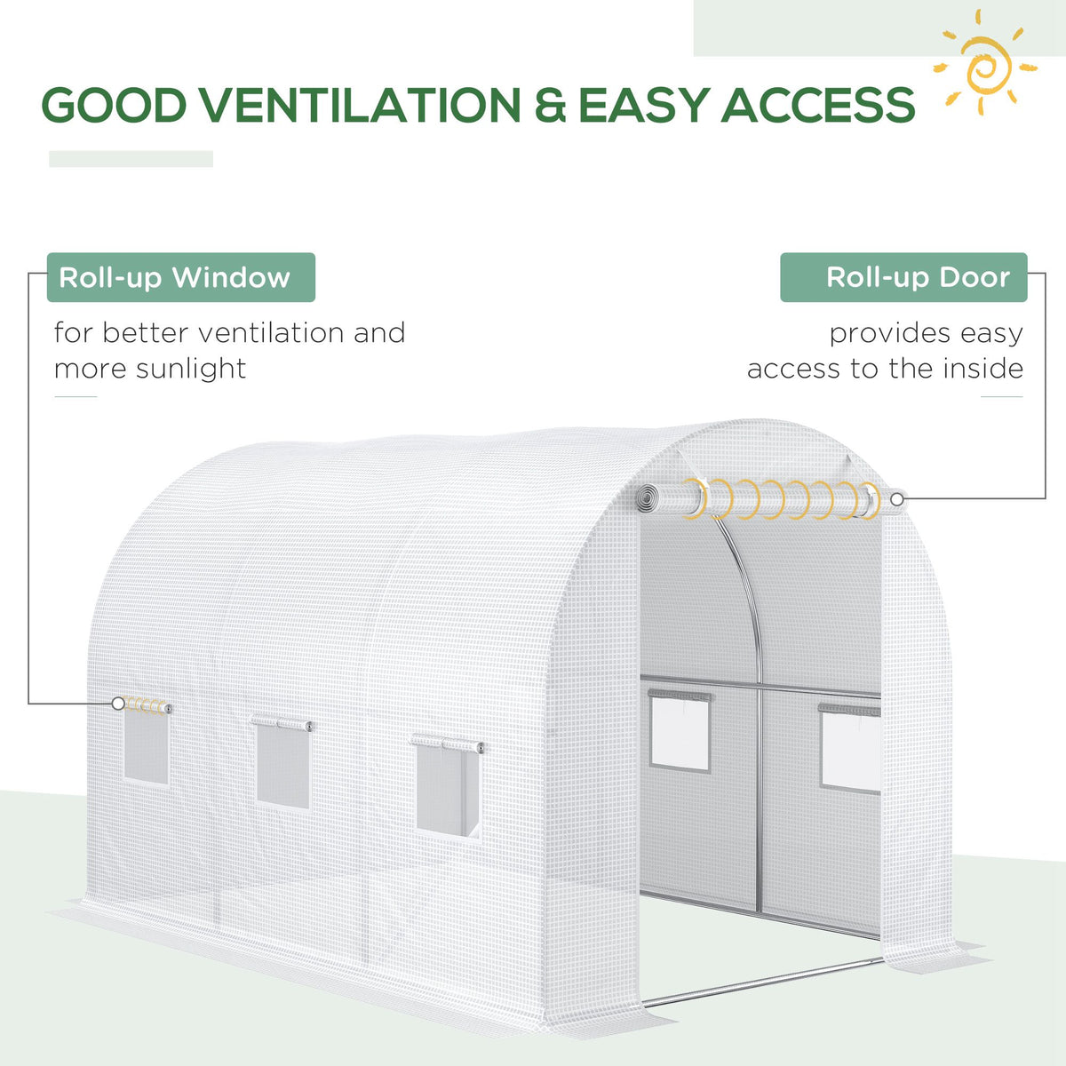 Outsunny white greenhouse cover fitted with roll-up windows and a roll-up door