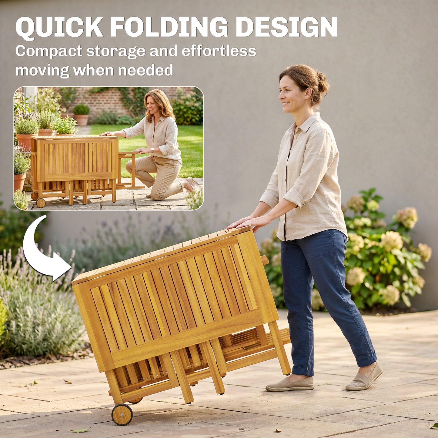 Outsunny 7 Pieces Garden Dining Set, Extending Dining Table and 6 Folding Chairs with Umbrella Hole for Patio, Natural Wood