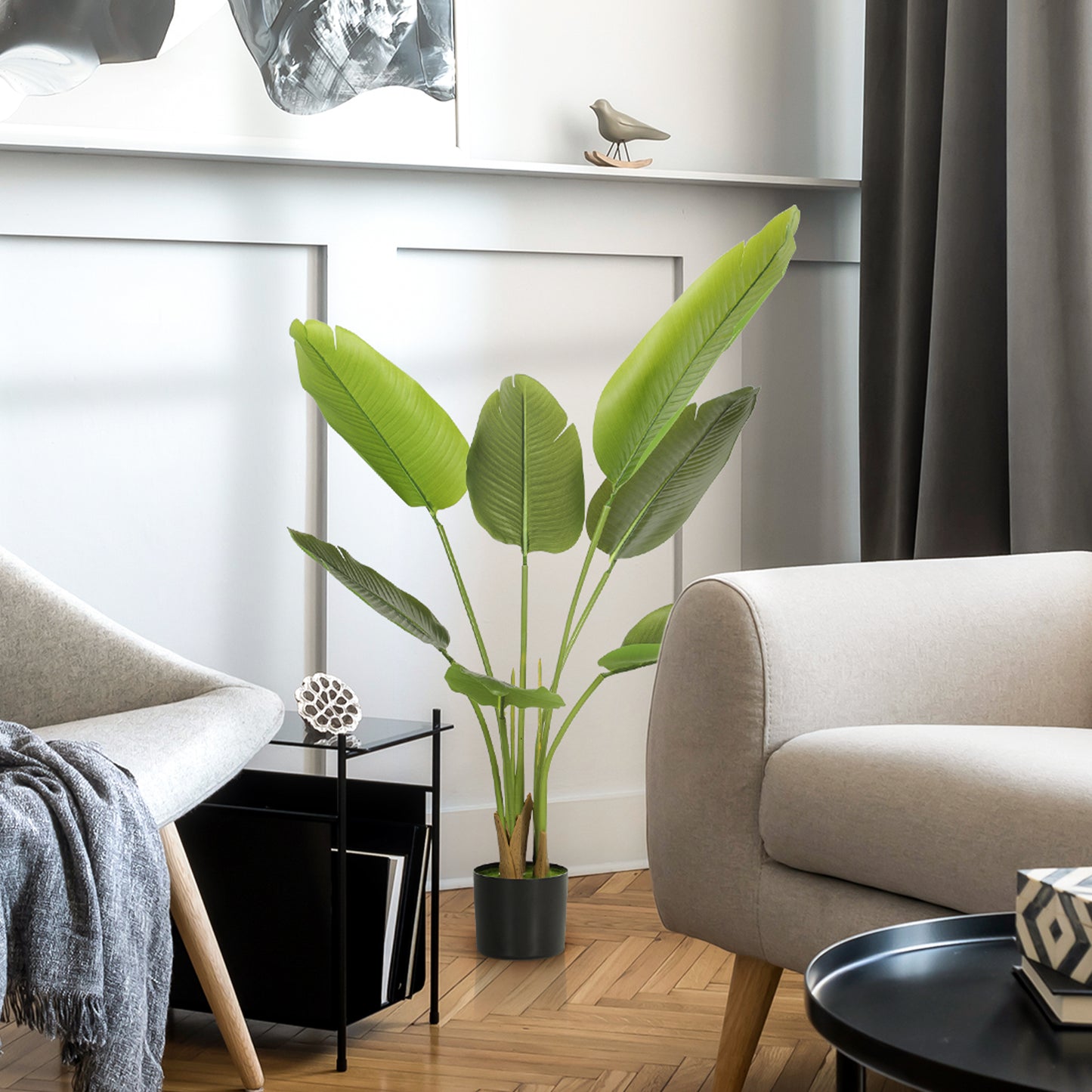 HOMCOM 109cm Artificial Bird of Paradise Plant, Faux Banana Leaf Tree with PEVA Leaves and Flocking, Decorative Palm Tree in Pot for Home Office Decor, Green