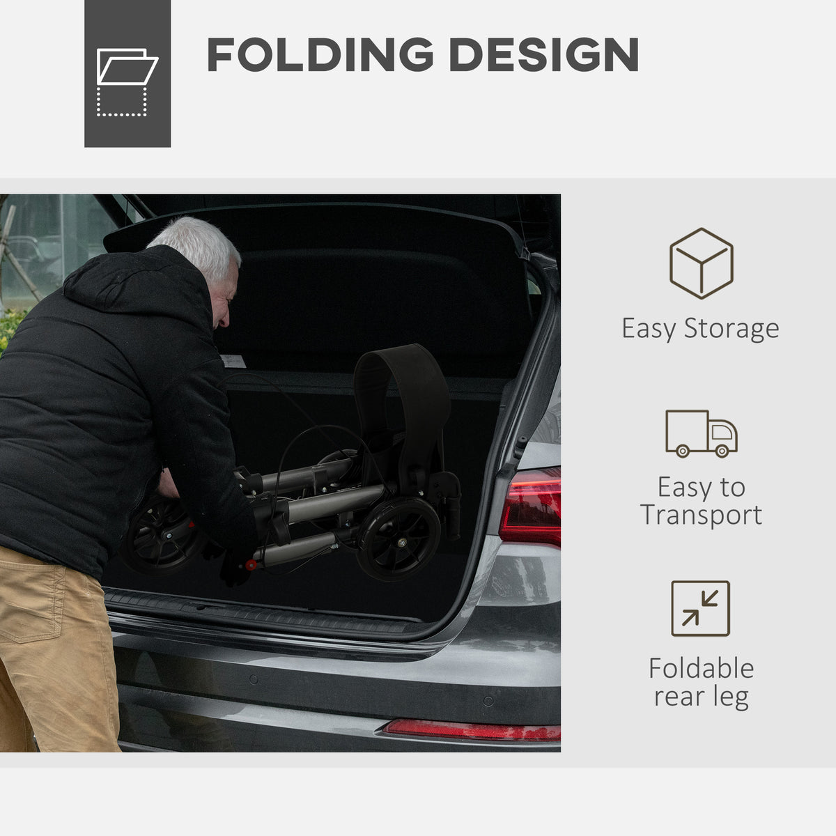 HOMCOM rollator walker folded compactly for storage or transport in a car trunk