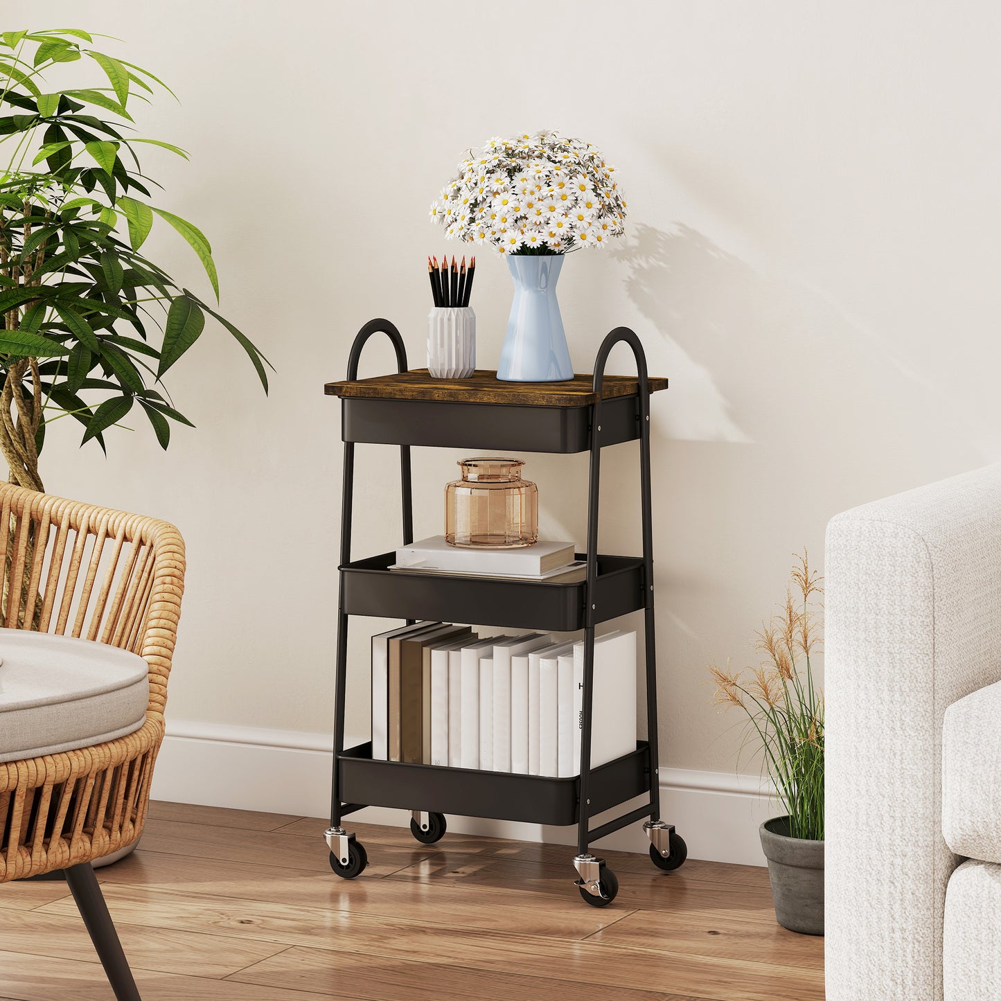 HOMCOM 3-Tier Kitchen Storage Trolley with on Wheels Cover Top Board - Rustic Brown and Black
