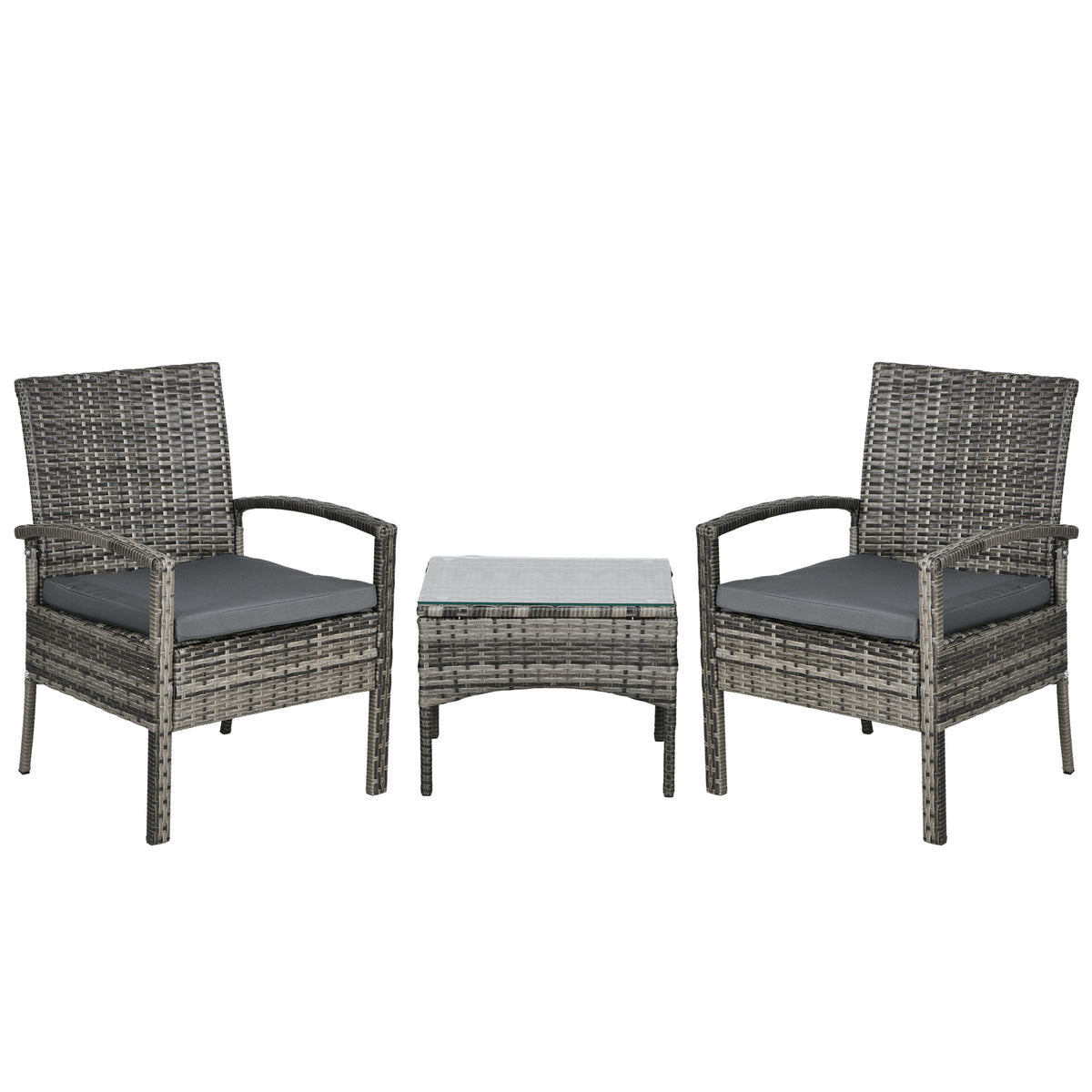 Photo of Outsunny 3 Pieces Rattan Bistro Set, Wicker Garden Furniture Set with Glass Top Coffee Table and Chairs, Washable Cushions for Outdoor, Patio, Balcony, Mixed Grey in Grey colour on a white background