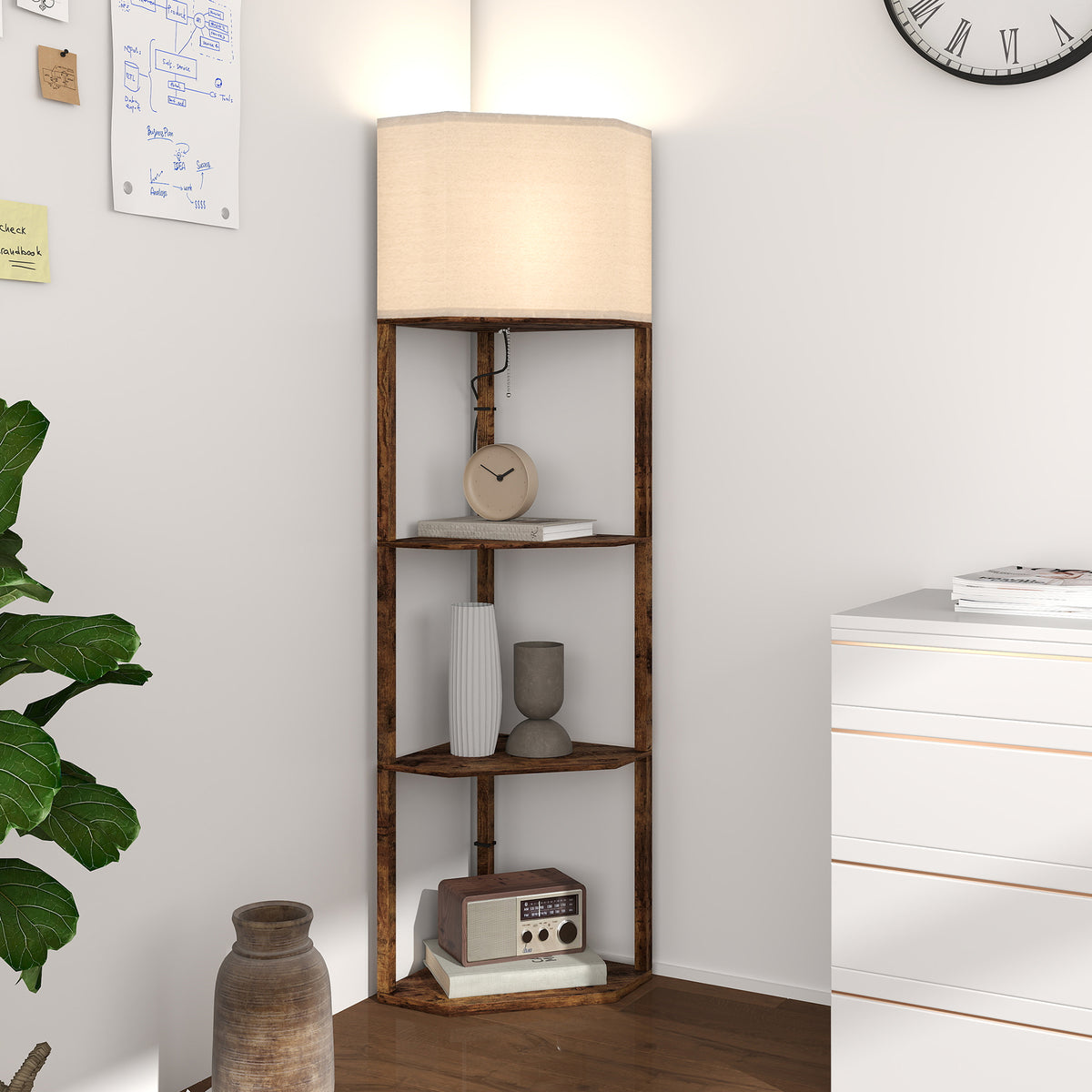 HOMCOM Corner Floor Lamp with Shelves, Tall Standing Lamps for Living Room, with Pull Chain Switch Bulb not Included, Rustic Brown