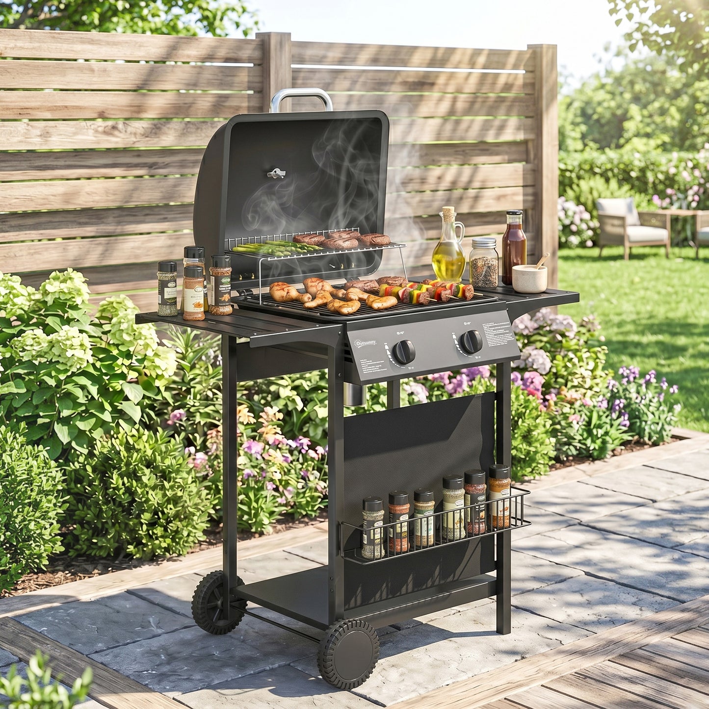 Outsunny Gas Burner Barbecue Grill, 2 Burner Gas Grill with Side Tables, Warming Rack, Shelf, Thermometer, Grease Tray, Black