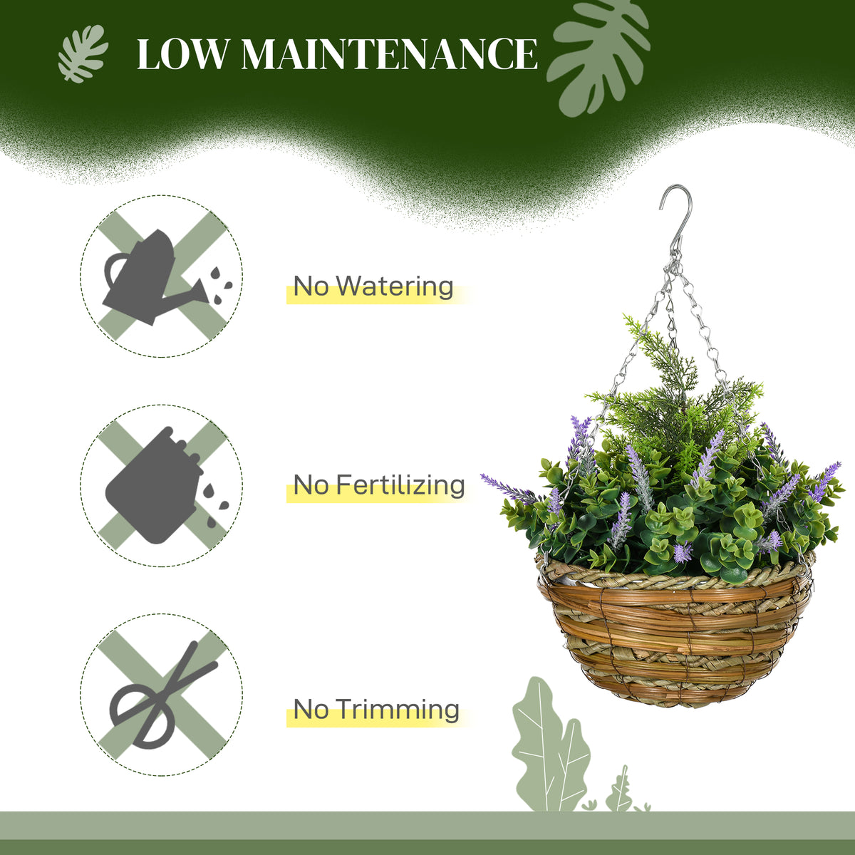 Artificial lavender hanging basket with purple flowers, green foliage, and woven pot