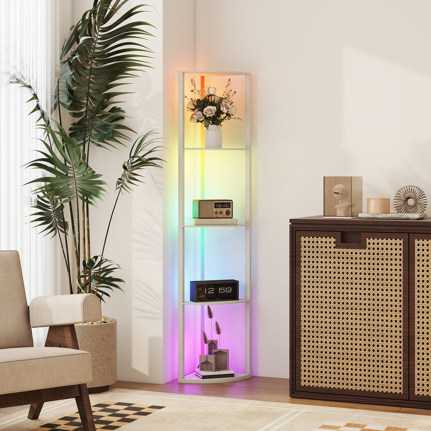 HOMCOM RGB LED Floor Lamp with Shelves, 4-Tier Dimmable Standing Lamp with Remote Control, Oak