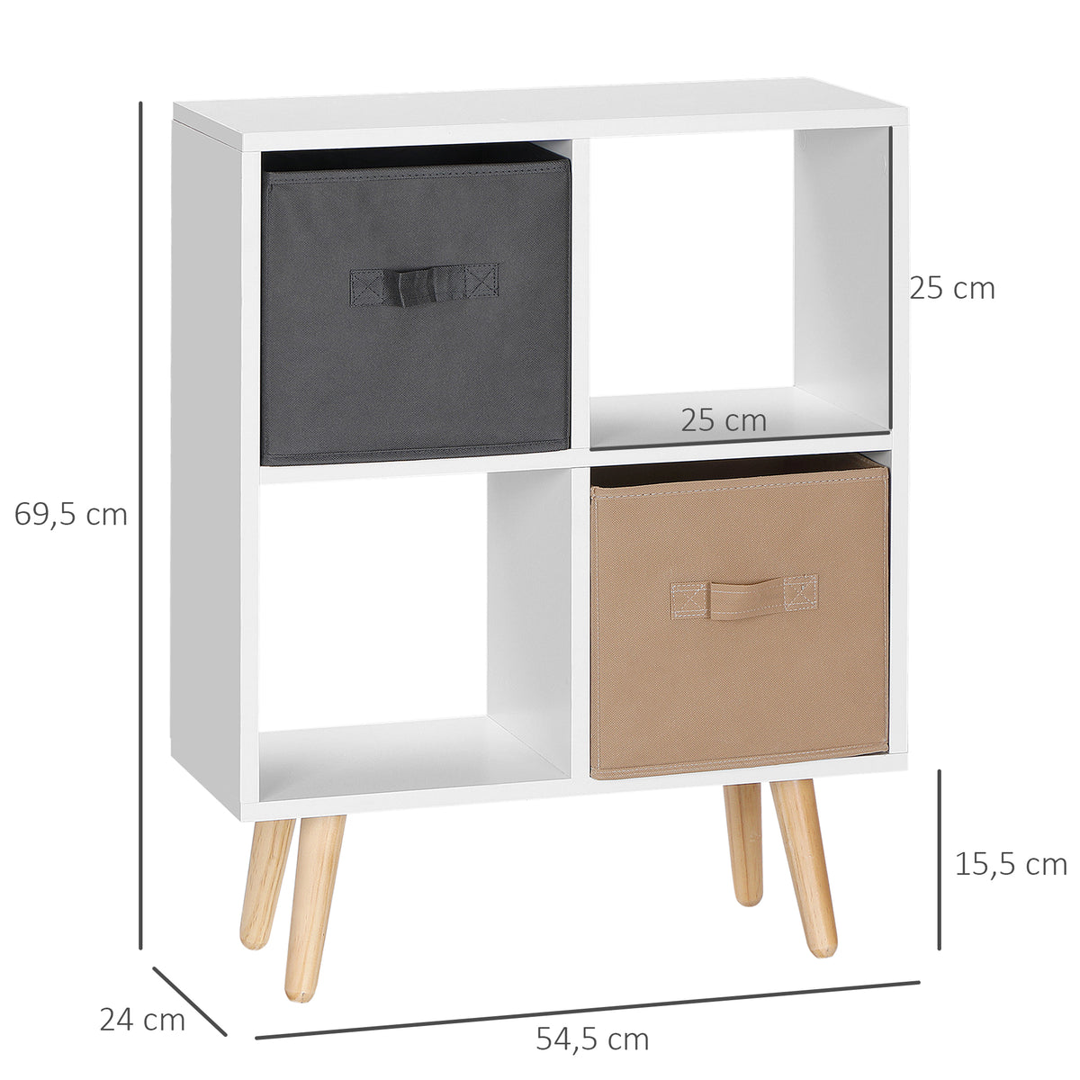HOMCOM four-cube cabinet with two fabric drawers, shown with dimensions