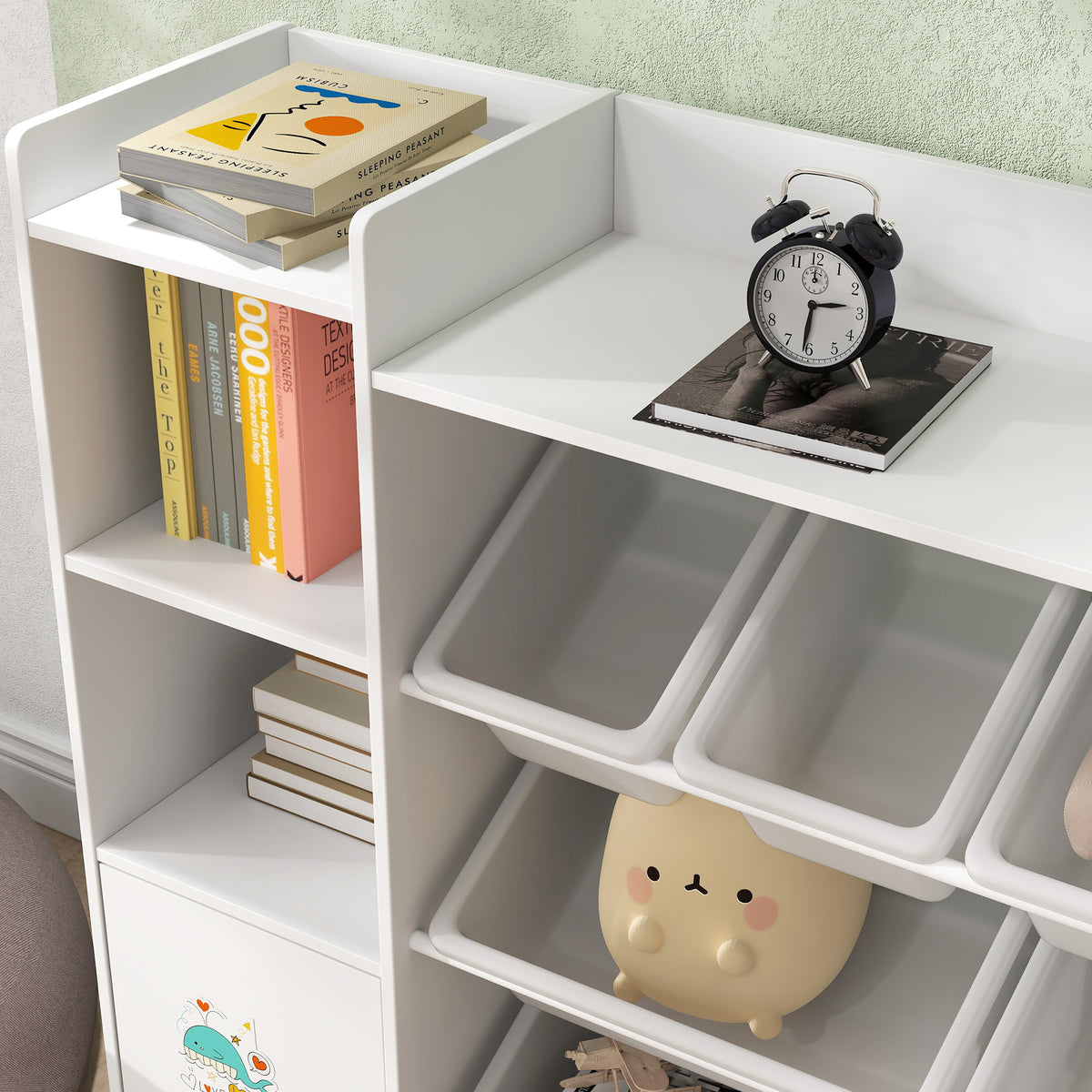 AIYAPLAY Kids Toy Organizers and Storage with 8 Removable Storage Bins and Bookshelf, White