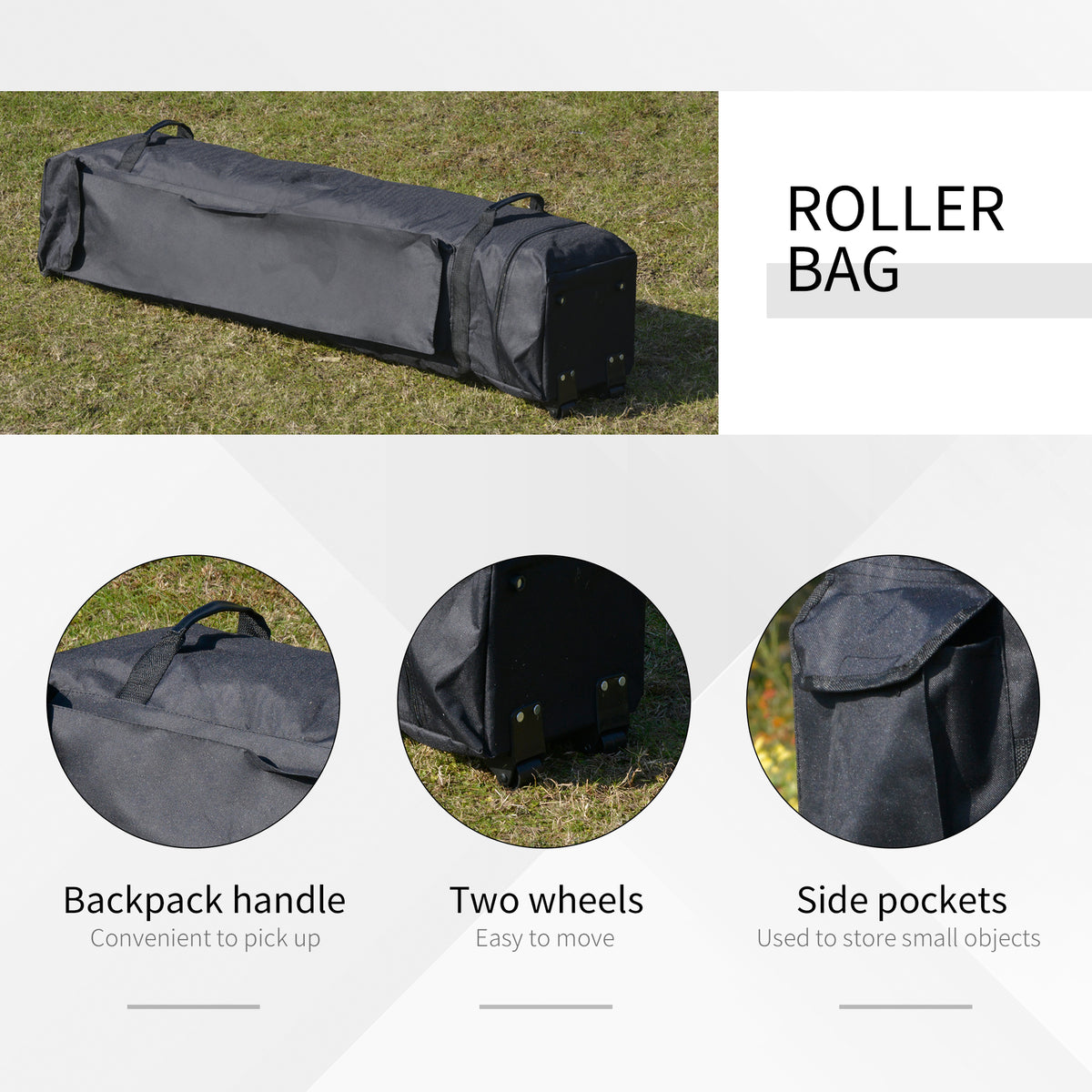 Black gazebo carry bag with a backpack handle, two wheels, and side pockets.