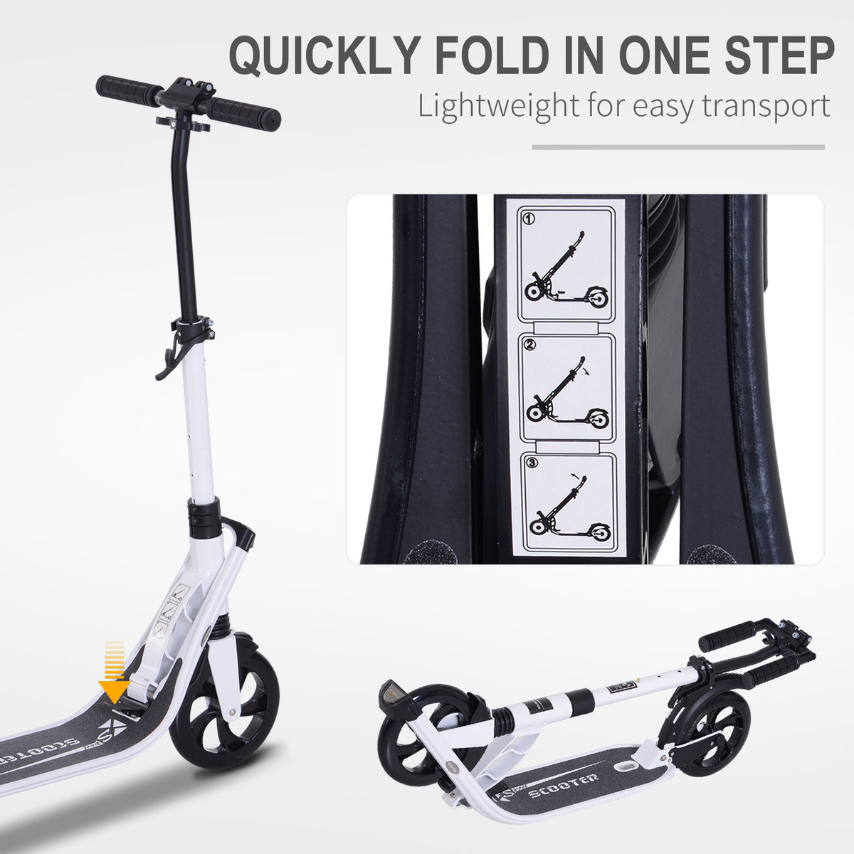 HOMCOM white kick scooter shown upright and folded, with folding mechanism detail
