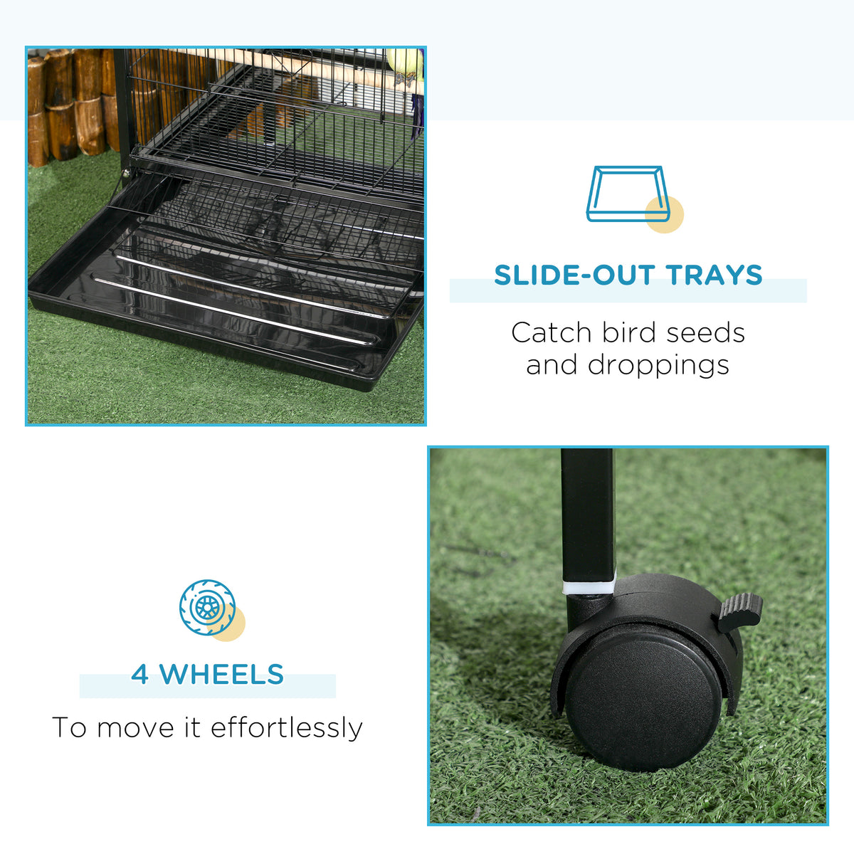 Black bird cage with slide-out trays and a close-up of its locking caster wheels.
