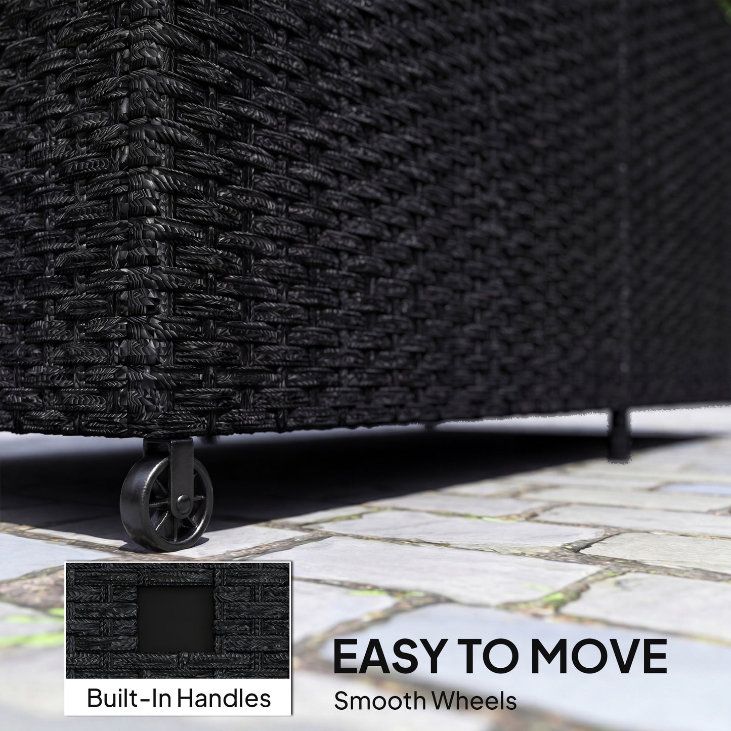 Outsunny 650L Garden Storage Box with 2 Wheels, Rattan Deck Box with Waterproof Zipped Liner, Safe Pneumatic Rods, Black
