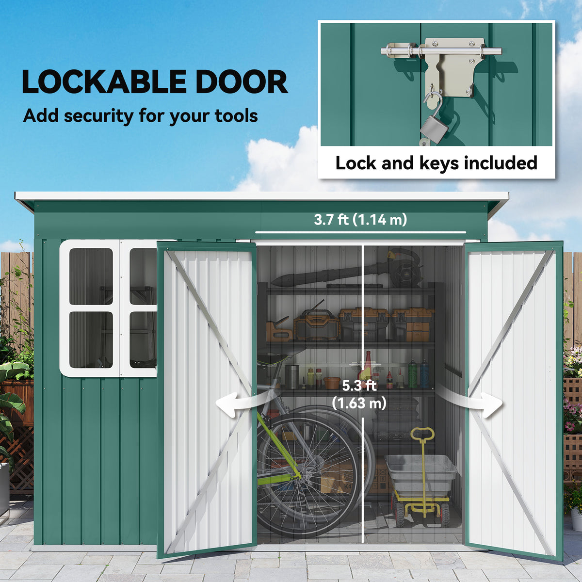 Outsunny green steel shed with open double doors and a lockable latch