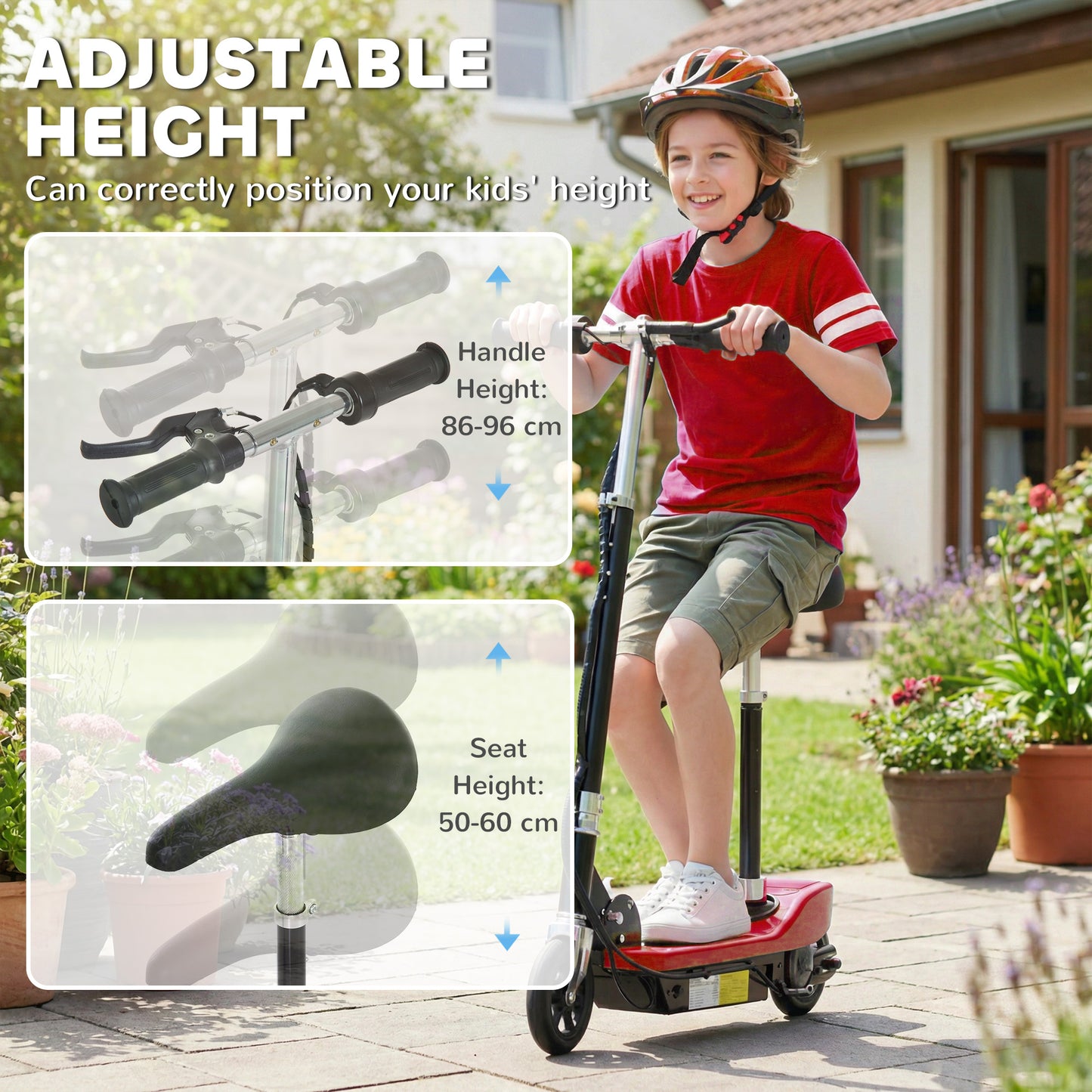 HOMCOM Powered Powered Scooter Ride-On, with Brakes, Adjustable Seat, Adjustable Handlebars, Red