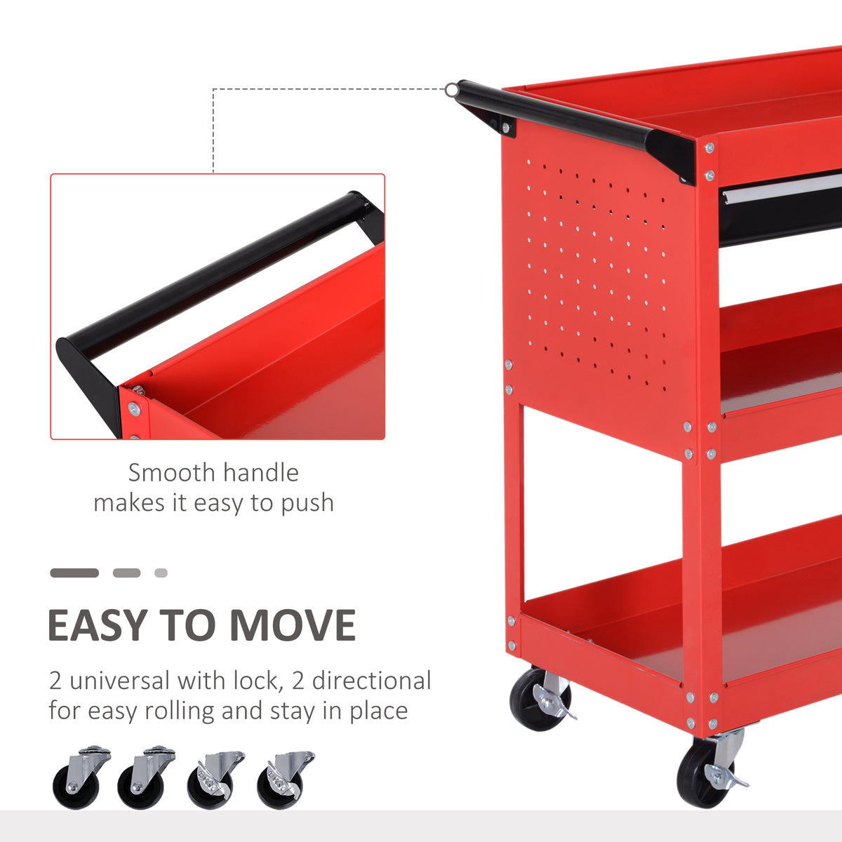 Tool trolley handle and locking casters, shown in close-up