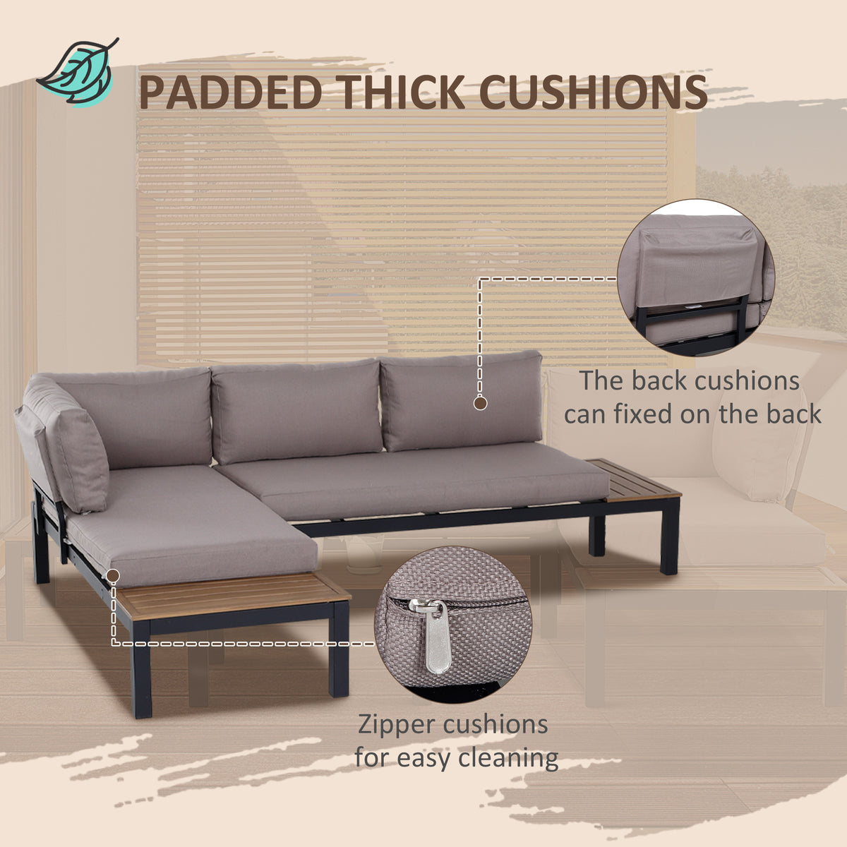 Outsunny corner sofa set with thick gray cushions and close-up zipper detail