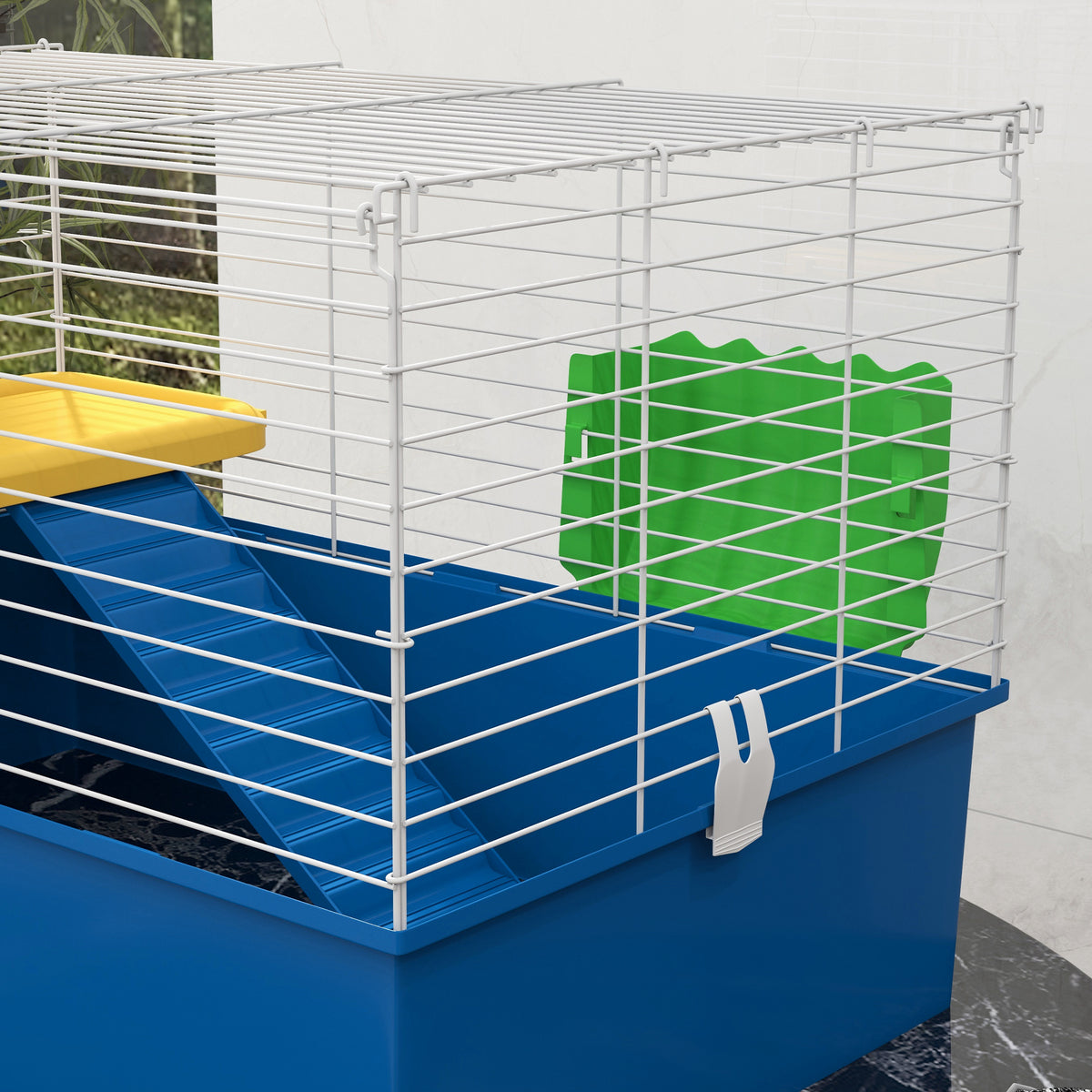 PawHut Chinchillas Small Rabbit Guinea Pig Small Animal Cage, Pet Playhouse, with Platform, Ramp, 71 x 46 x 47cm, Blue