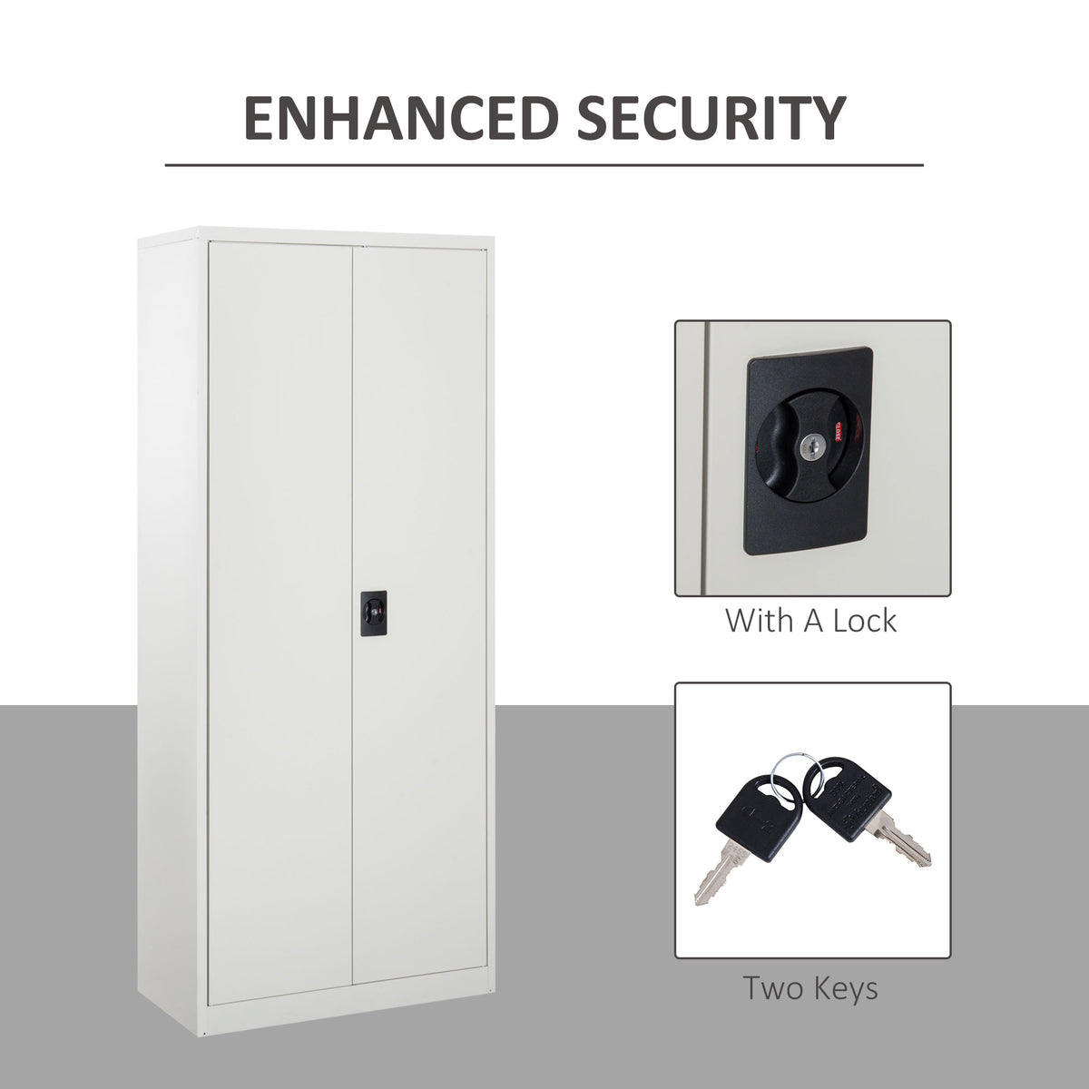 White steel filing cabinet with a door lock and two keys