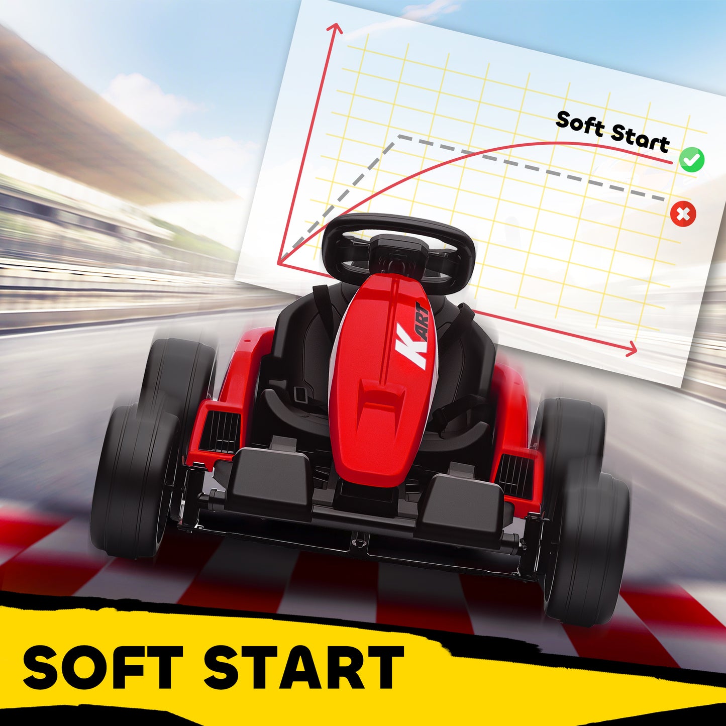 AIYAPLAY 24V Electric Go Kart, Drift Kart with Adjustable Seat, Slow Start, 5-Point Harness, Music, for 6-12 Years, Red