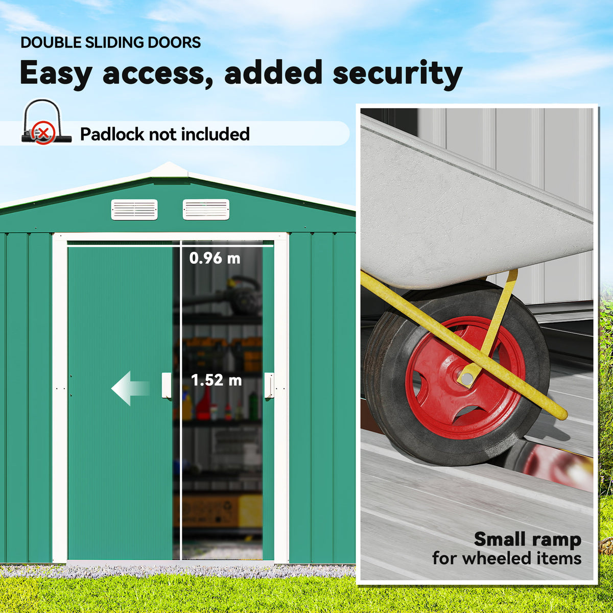 Outsunny green shed with sliding double doors and a small ramp for wheeled items