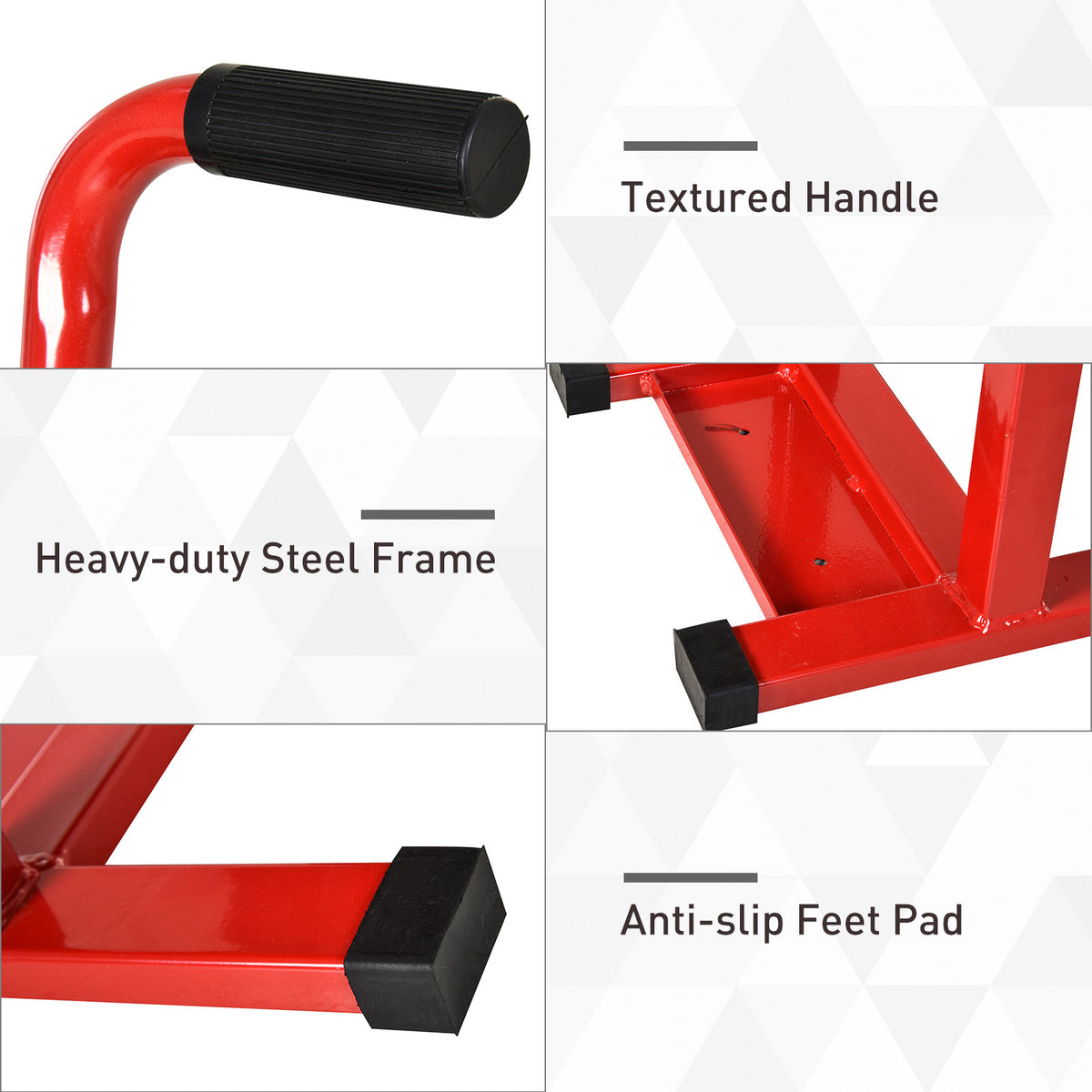Motorbike lift details: textured handle, steel frame, and black anti-slip feet.