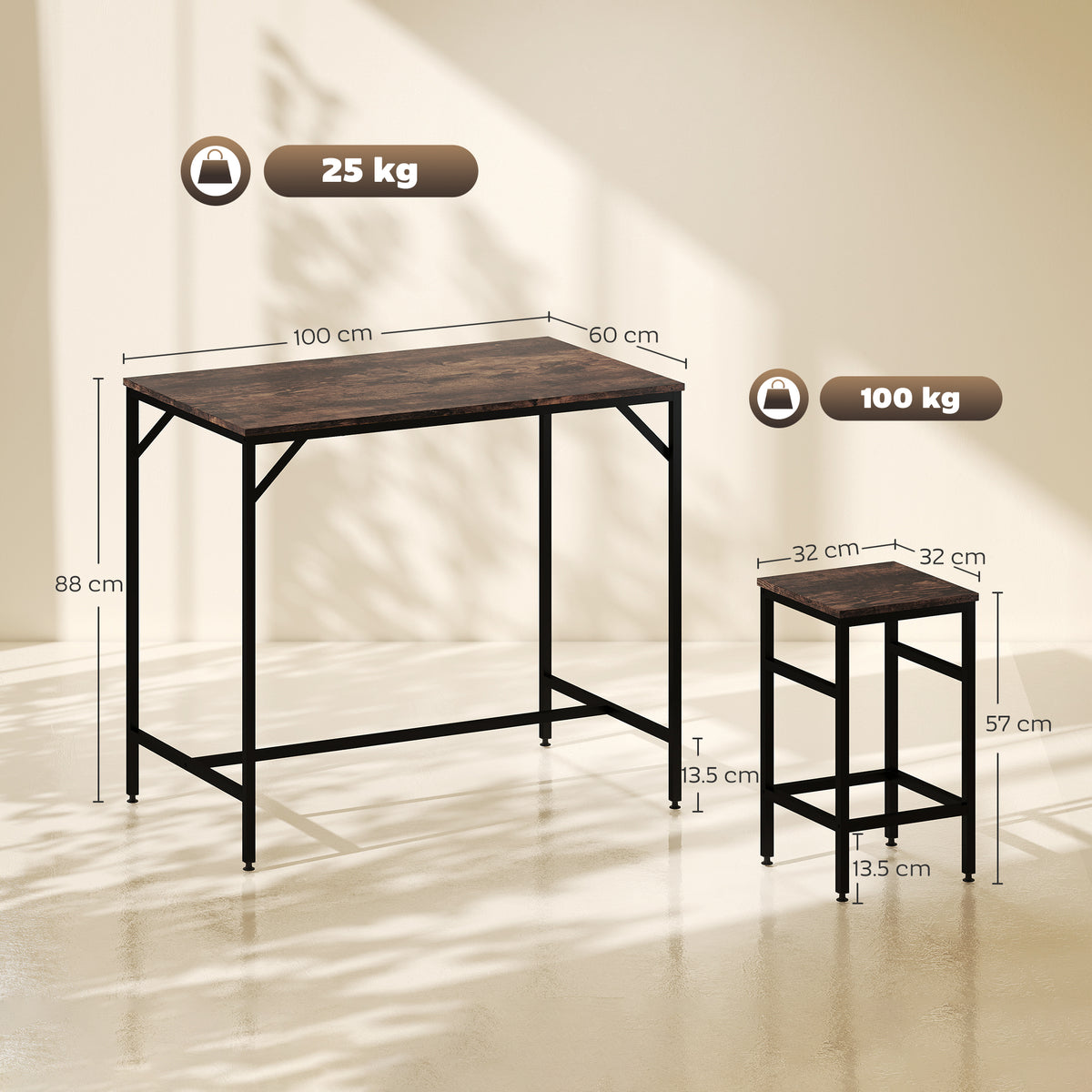 HOMCOM bar table and stool set with rustic brown tops, dimensions and weight limits shown