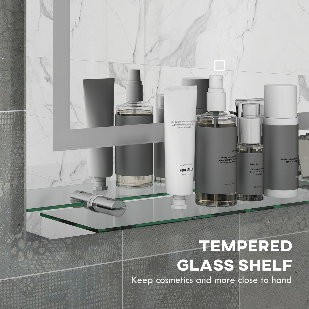 Bathroom mirror with tempered glass shelf for cosmetics