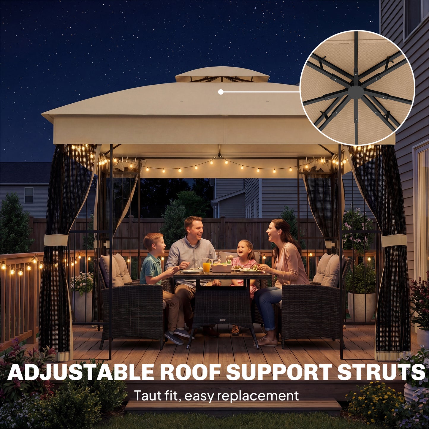 Outsunny 3 x 3 m Outdoor Garden Gazebo with Post Shelves, UPF50+ Double Roof Patio Permanent Pavilion, Brown