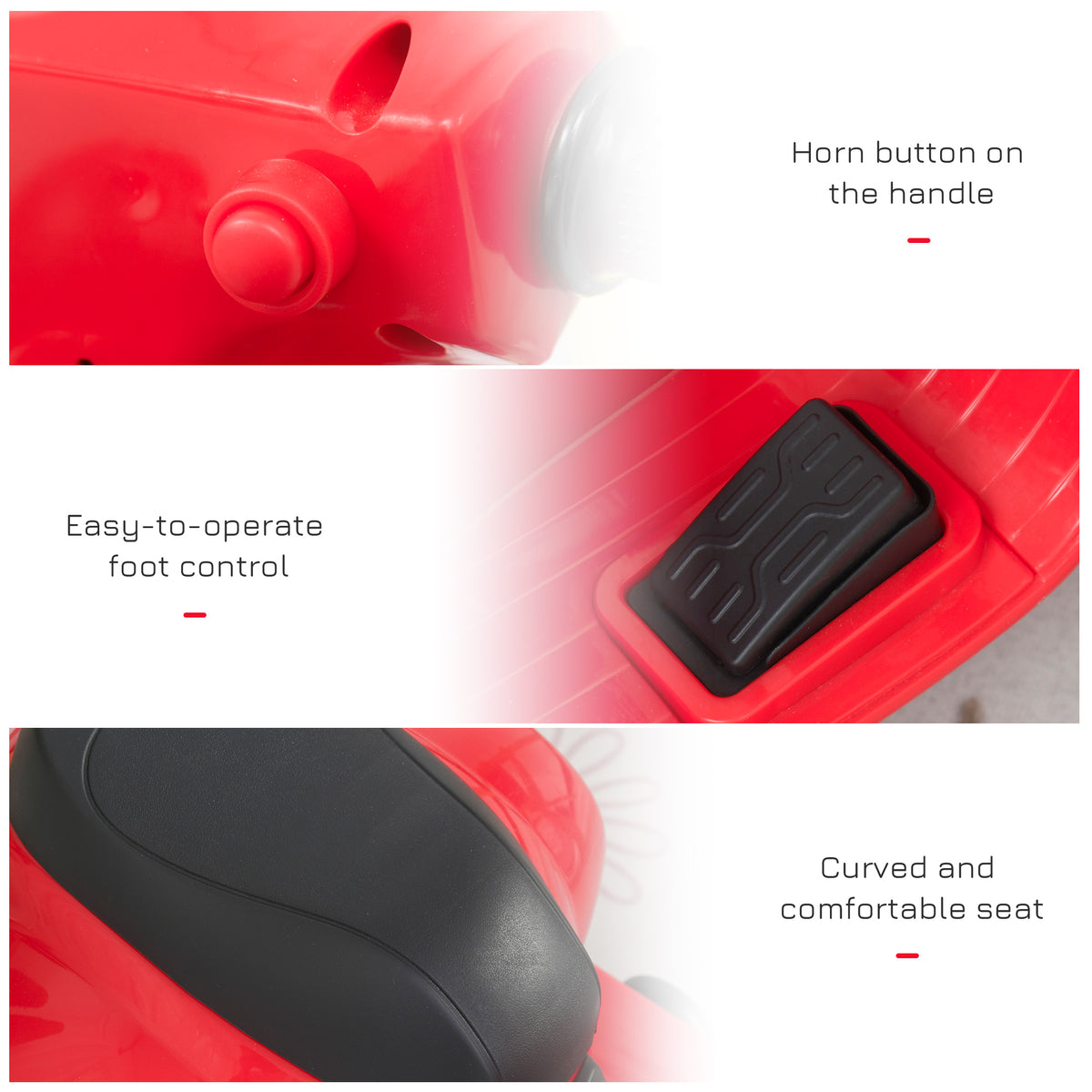 Red kids' ride-on motorcycle details: handlebar horn, foot control, and curved black seat