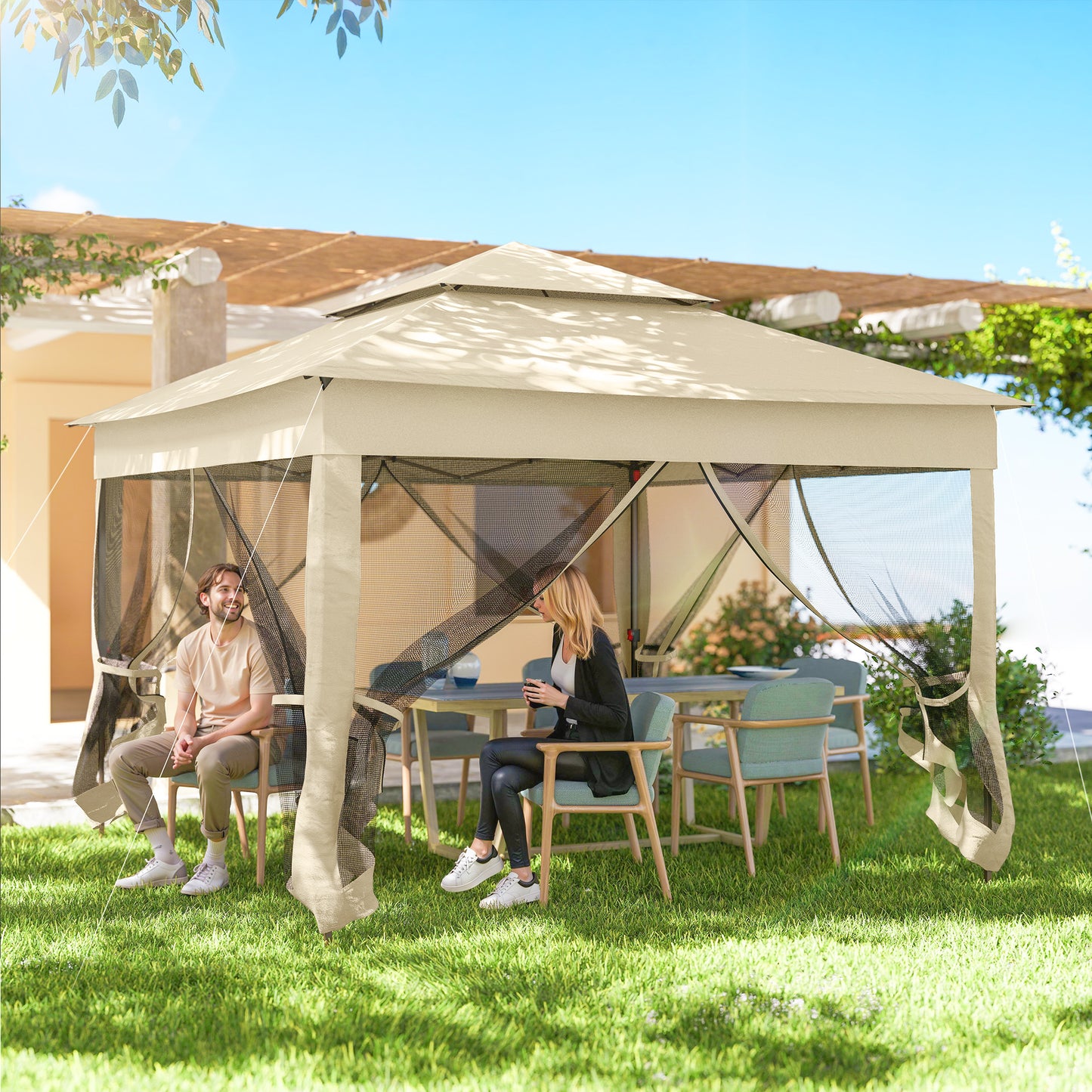 Outsunny 3 x 3(m) Pop Up Gazebo, Double-roof Garden Tent with Netting and Carry Bag, Party Event Shelter for Outdoor Patio, Cream White