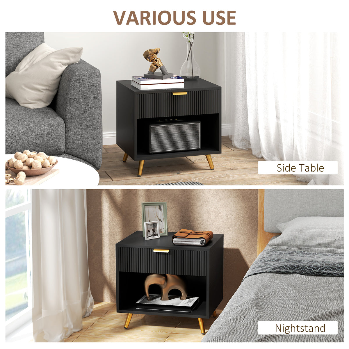 Black bedside table shown as a living room side table and bedroom nightstand