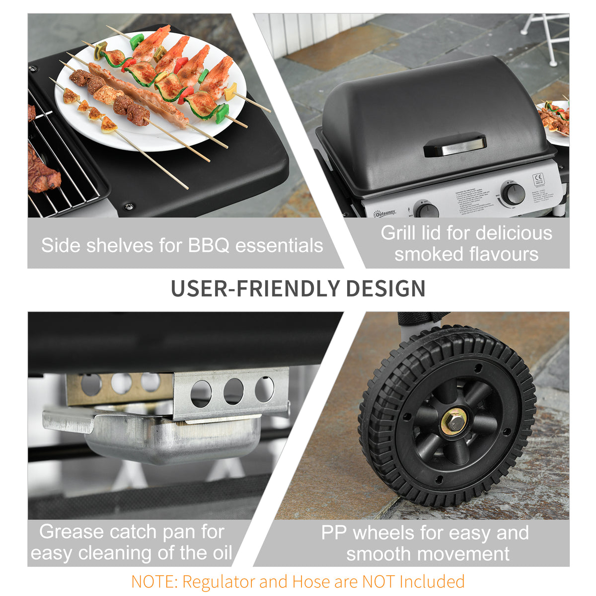 Gas BBQ features include side shelves, lidded grill, grease tray and wheels