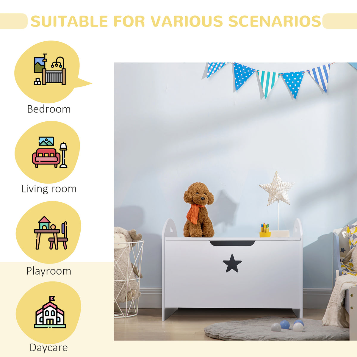 White wooden toy box with star cutout, shown in a playroom