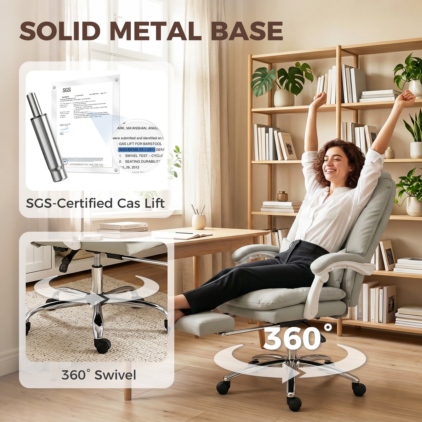 HOMCOM Ergonomic Executive Office Chair, Reclining Desk Chair with Lumbar Support, Footrest, Plush Thick Cushion, Khaki