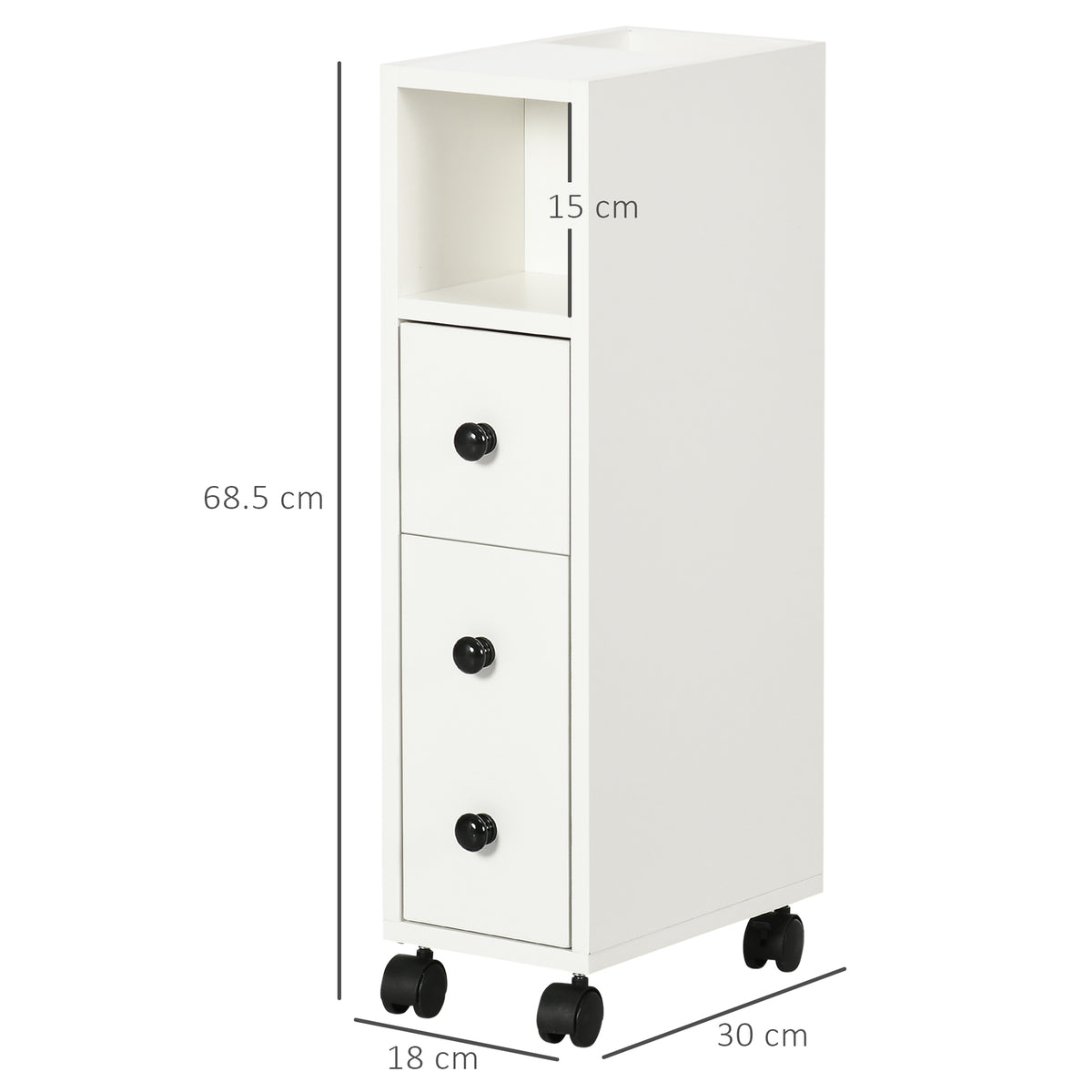 kleankin slimline white bathroom storage cabinet with open shelf, three drawers and caster wheels