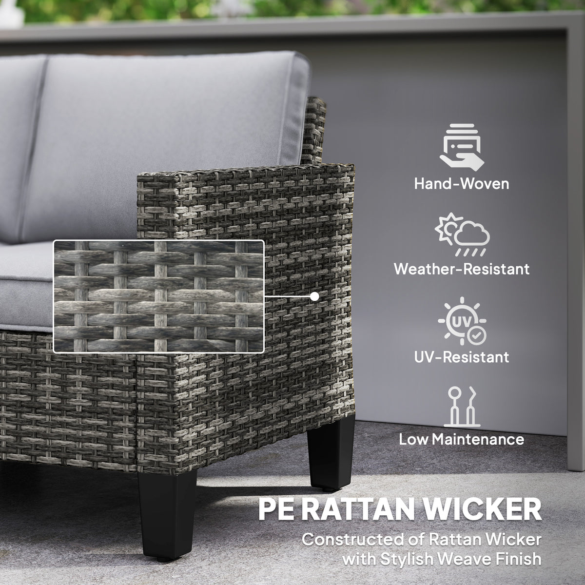 Close-up of the sofa's dark gray woven wicker armrest and sturdy leg