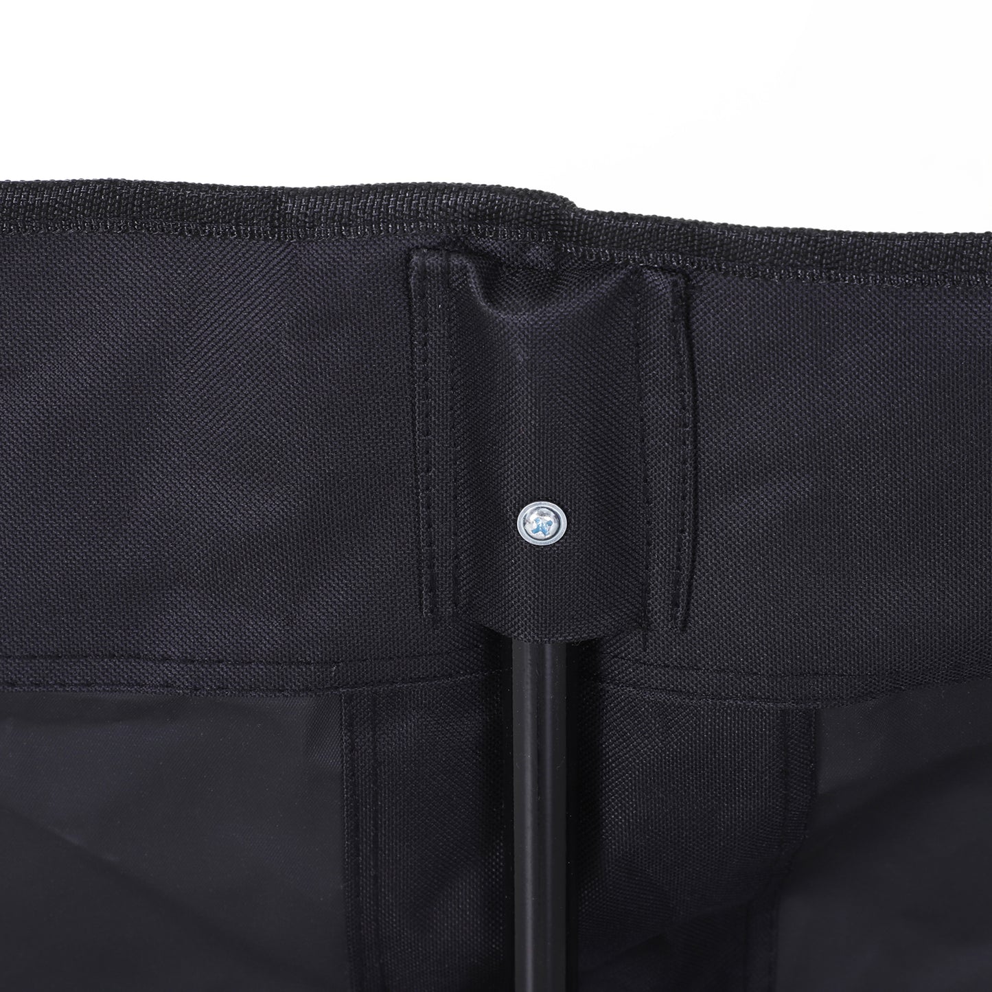 Close-up of black bench fabric fastened around a metal support pole