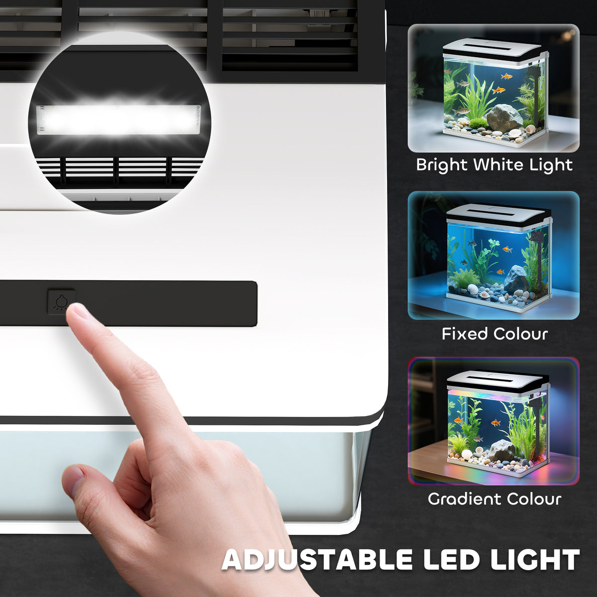 PawHut aquarium LED lid with touch control and examples of white, fixed-color, and gradient lighting