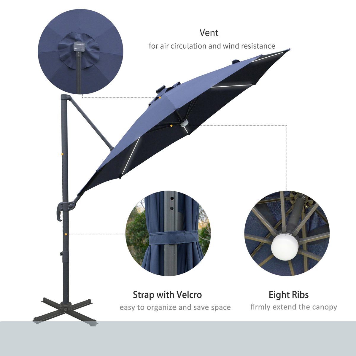 Outsunny blue cantilever umbrella with vent, eight ribs and a Velcro canopy strap