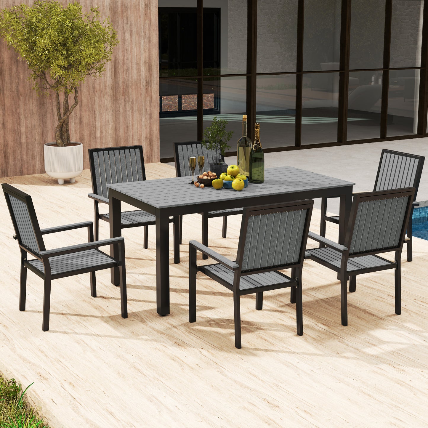 Outsunny 6 Seater Garden Dining Set with Stackable Chairs, Aluminium Frame, Rectangular Plastic Top, Garden Furniture Set, Outdoor Dining Table and Chairs for Patio, Balcony, Poolside, Grey