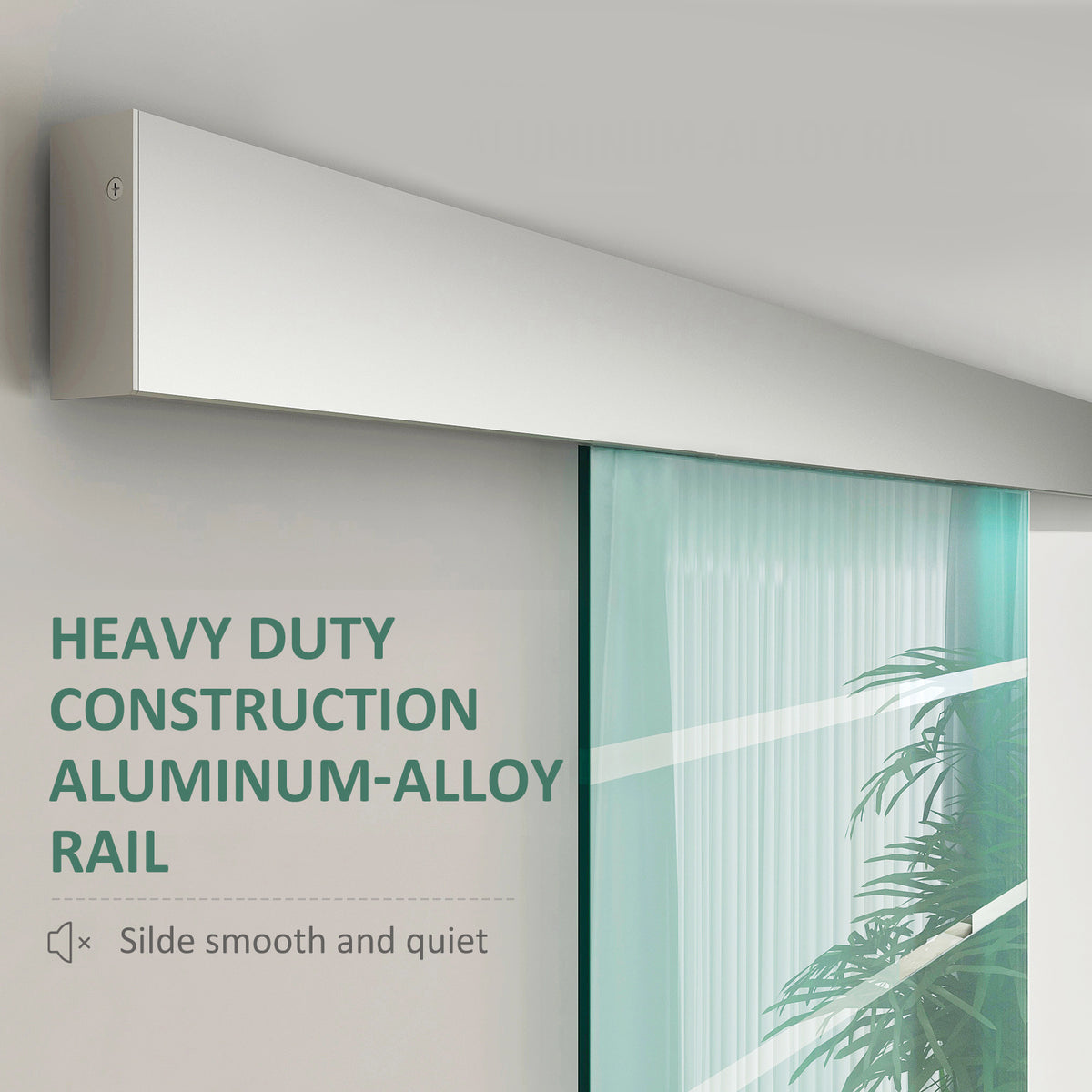 HOMCOM frosted glass sliding door with stripe pattern and close-up of aluminum-alloy overhead rail