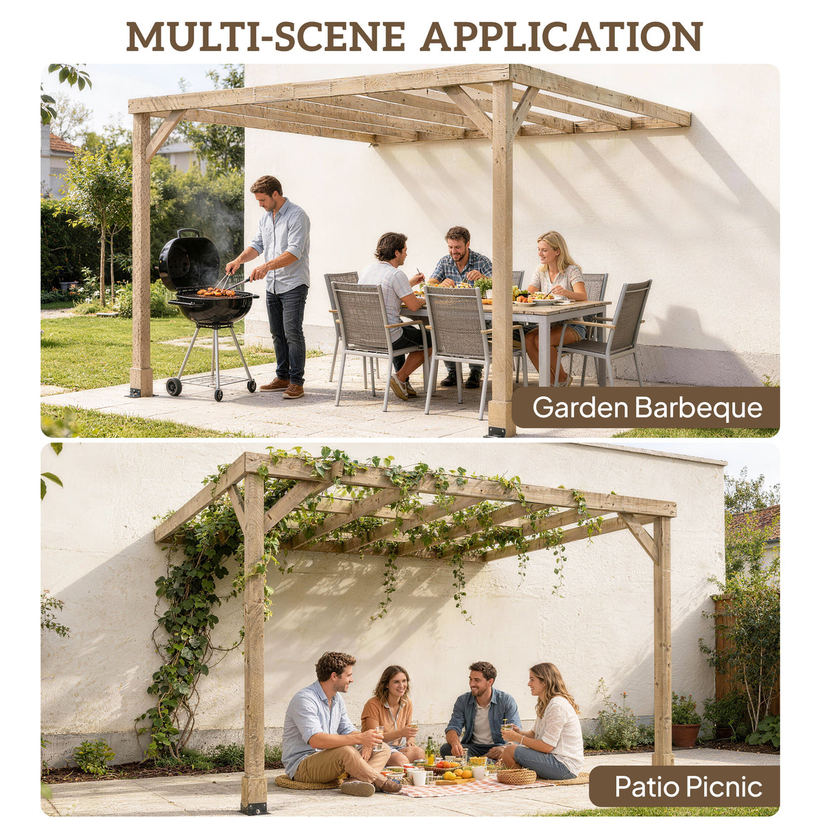 Outsunny Lean-To Wooden Pergola Kit, Decorative Garden Gazebo with Stable Structure and Concrete Anchors, 2.4 x 2.4m, Light Brown
