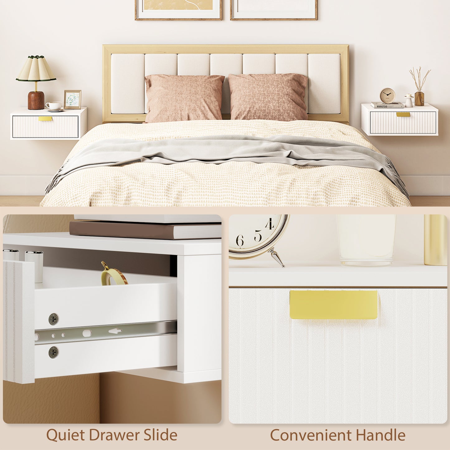 HOMCOM Modern Floating Nightstands Set of 2, Wall Mounted Bedside Tables with Wave Drawer White