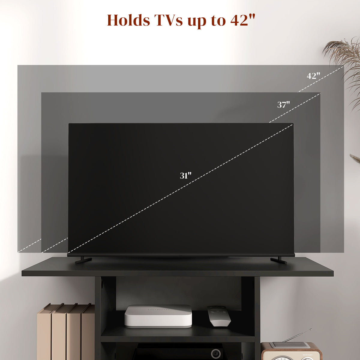 Black TV stand with open shelves, shown supporting TVs up to 42 inches