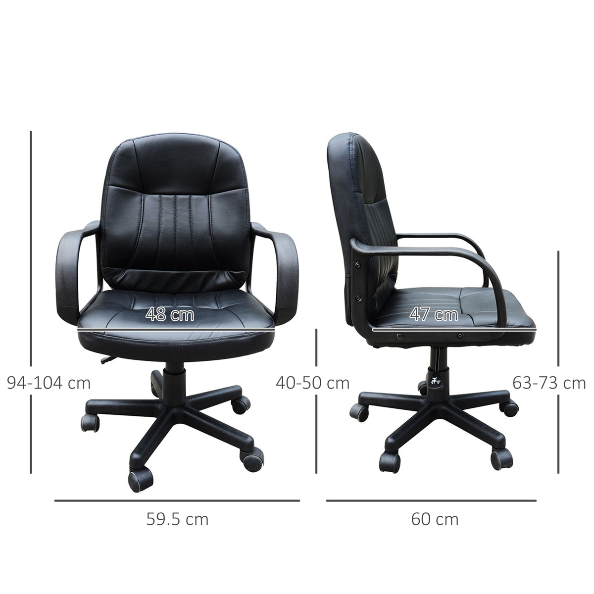 Black swivel office chair shown from front and side with dimensions