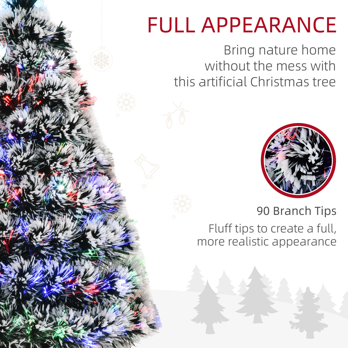 Snow-flocked Christmas tree branches with colorful lights and dense tips